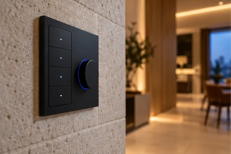 Teclado de automação discreto em parede de ambiente residencial. Imagem ilustrativa.